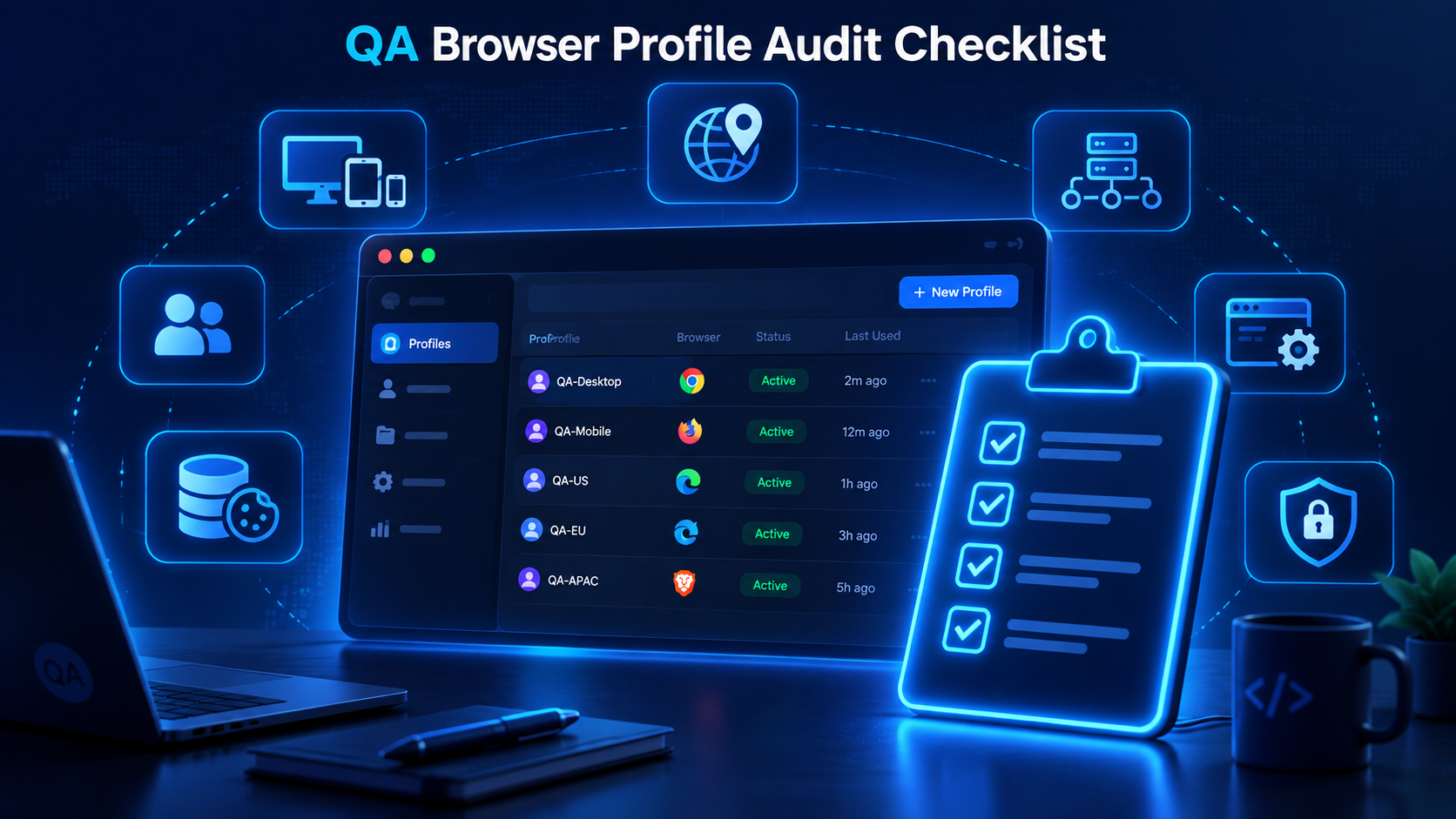 QA browser profile audit checklist for devices, locations, sessions, security, and configuration